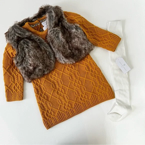 Adrienne Vittadini Matching Sets | Adrienne Vittadini 3 Piece Baby Girls Sweater Dress, Tights & Faux Fur Vest Set | Color: Orange/Yellow | Size: 24mb Adrienne Vittadini Matching Sets | Adrienne Vittadini 3 Piece Baby Girls Sweater Dress, Tights & Faux Fur Vest Set | Color: Orange/Yellow | Size: 24mb